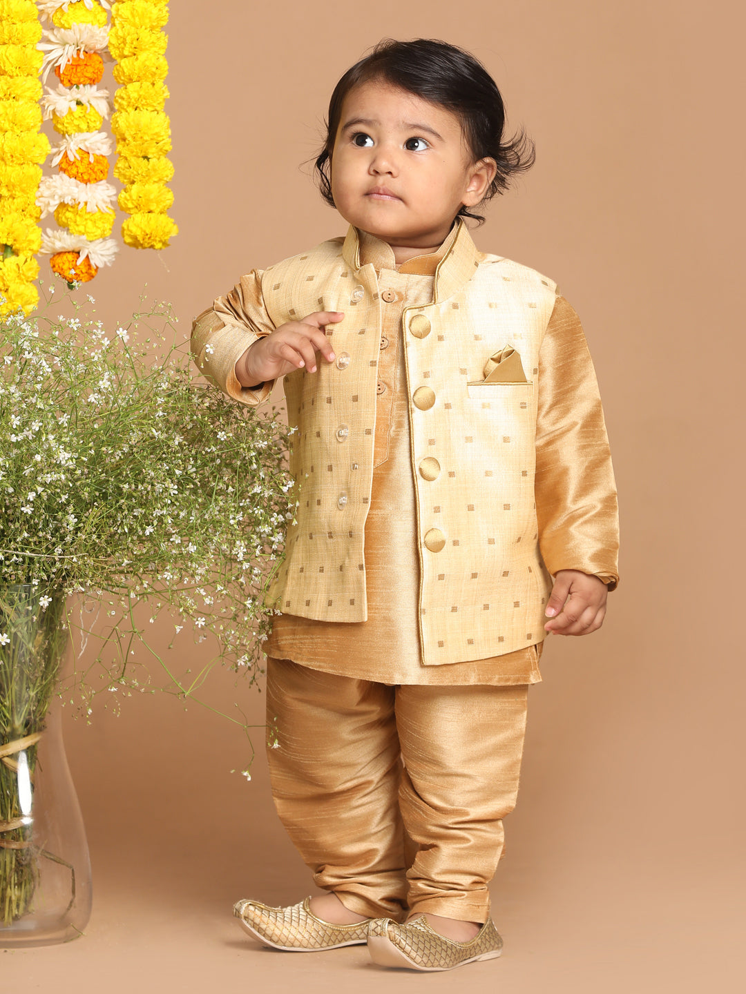 Vastramay SISHU Boy's Rose Gold Kurta And Pajama With Gold Jacket