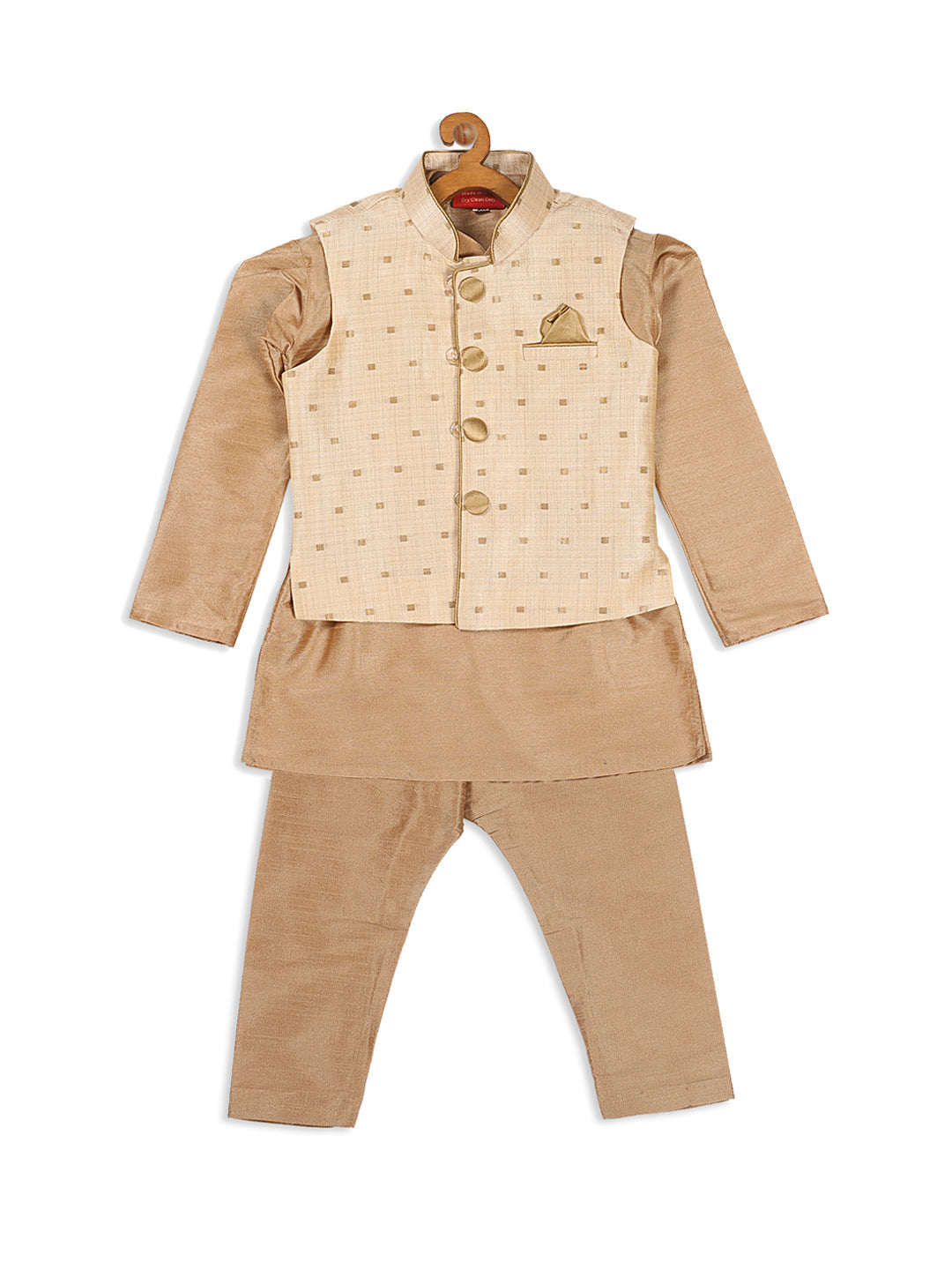 Vastramay SISHU Boy's Rose Gold Kurta And Pajama With Gold Jacket