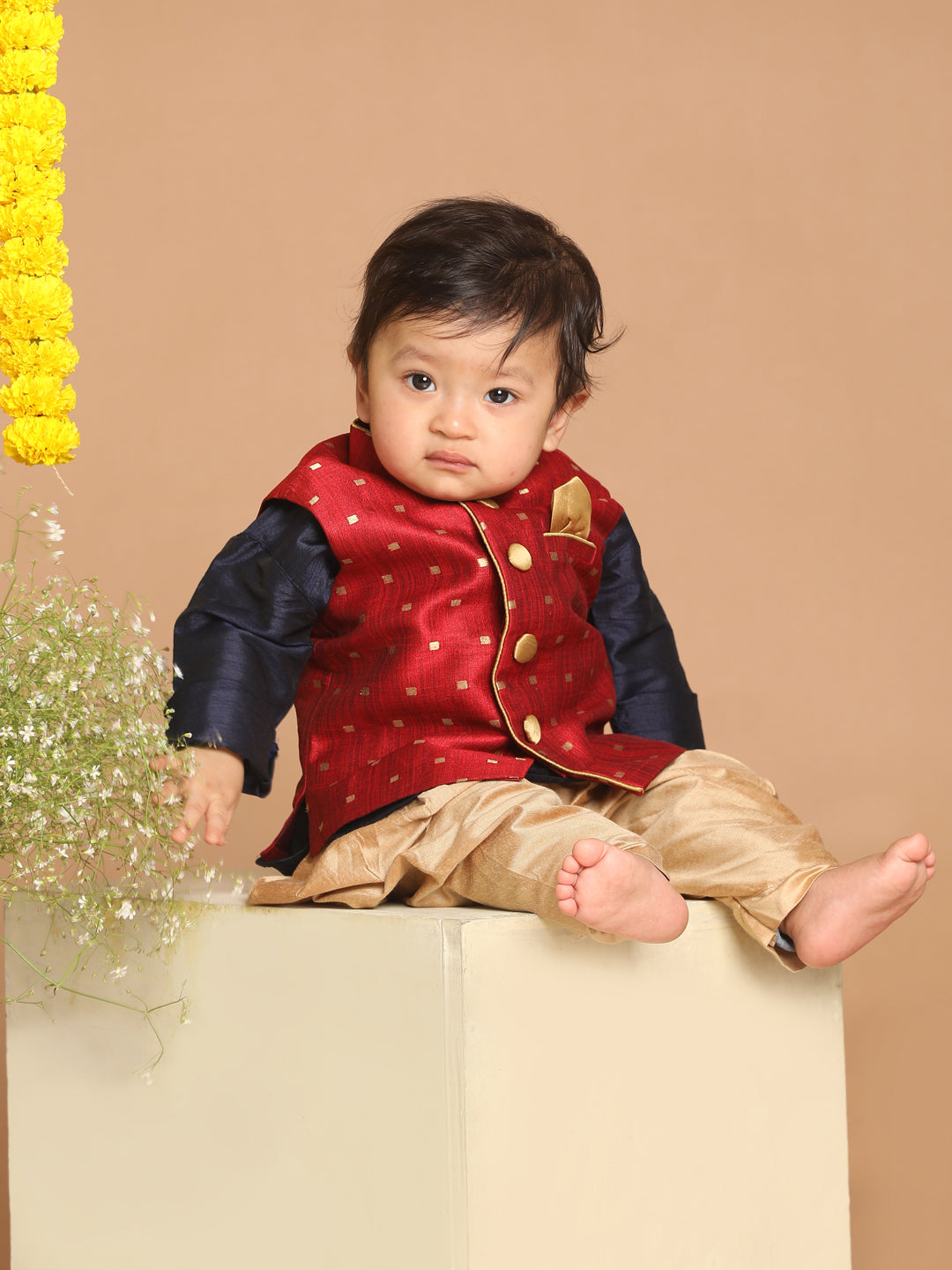 Vastramay SISHU Boy's Maroon & Gold Toned Woven Design Nehru Jacket