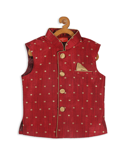 Vastramay SISHU Boy's Maroon & Gold Toned Woven Design Nehru Jacket