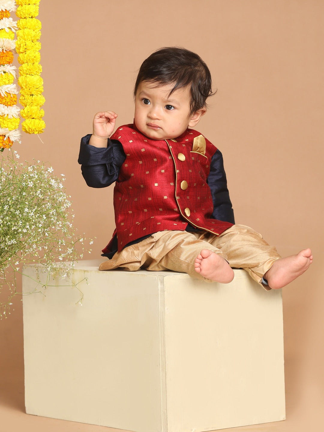 Vastramay SISHU Boy's Navy Blue Kurta with Rose Gold Dhoti Pants & Maroon Nehru Jacket