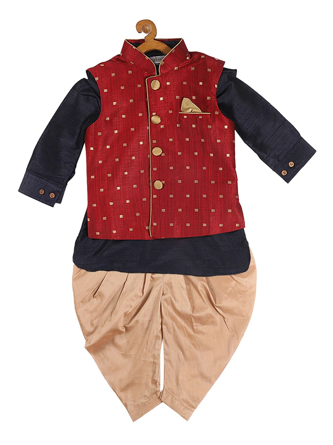 Vastramay SISHU Boy's Navy Blue Kurta with Rose Gold Dhoti Pants & Maroon Nehru Jacket