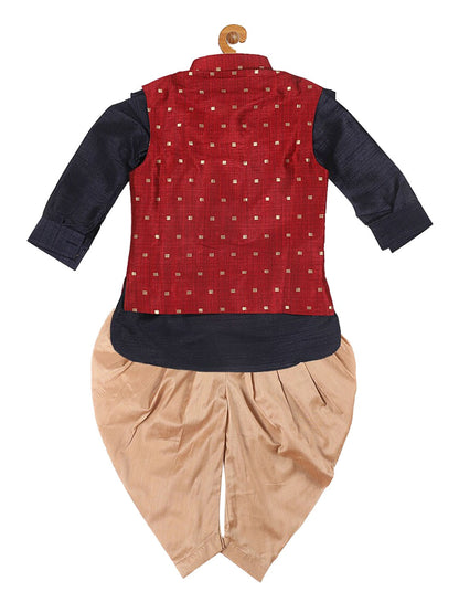 Vastramay SISHU Boy's Navy Blue Kurta with Rose Gold Dhoti Pants & Maroon Nehru Jacket