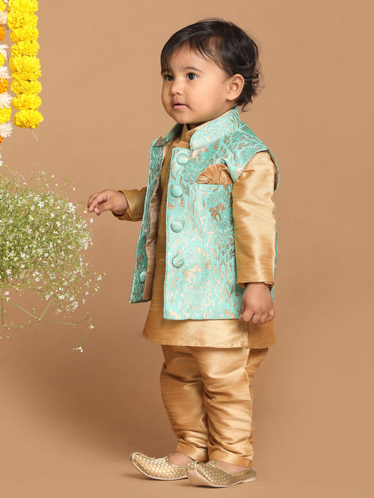 Vastramay SISHU Boy's Green & Gold-Toned Woven Design Slim-Fit Nehru Jacket