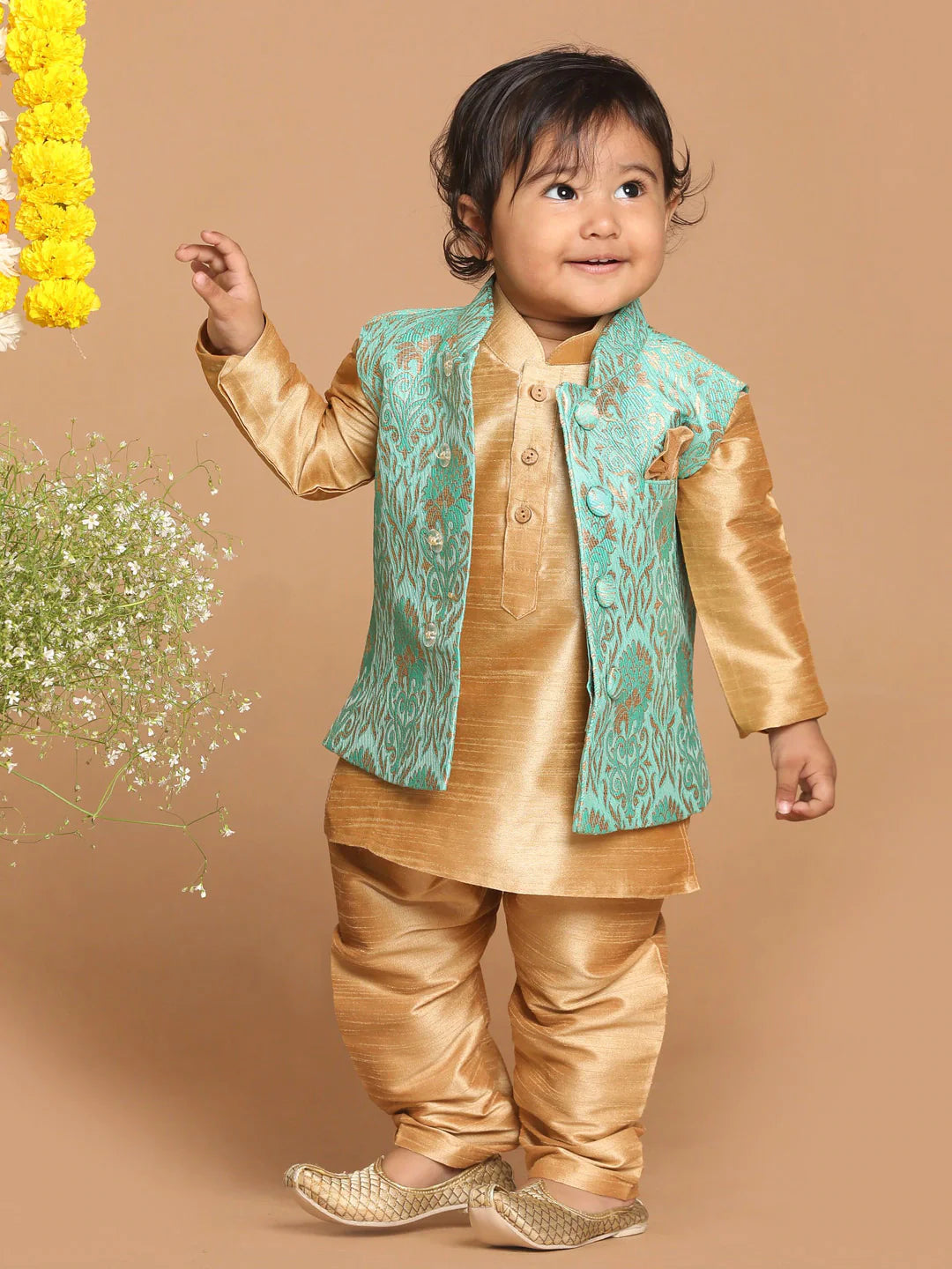 Vastramay SISHU Boy's Rose Gold & Green Kurta Set with Nehru Jacket