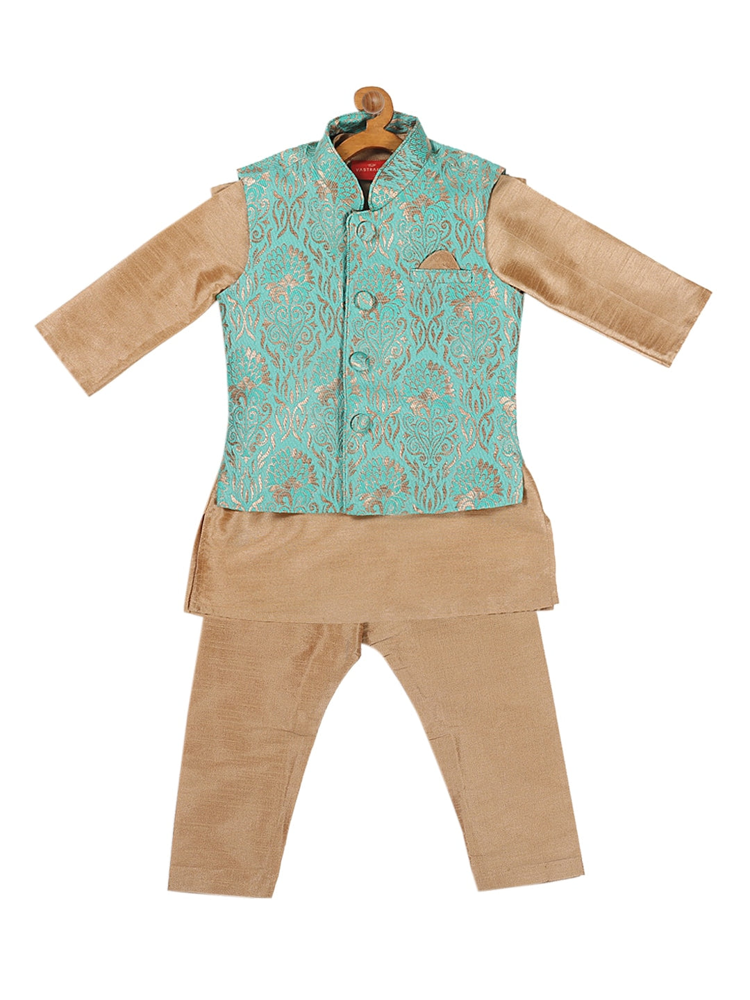 Vastramay SISHU Boy's Rose Gold & Green Kurta Set with Nehru Jacket