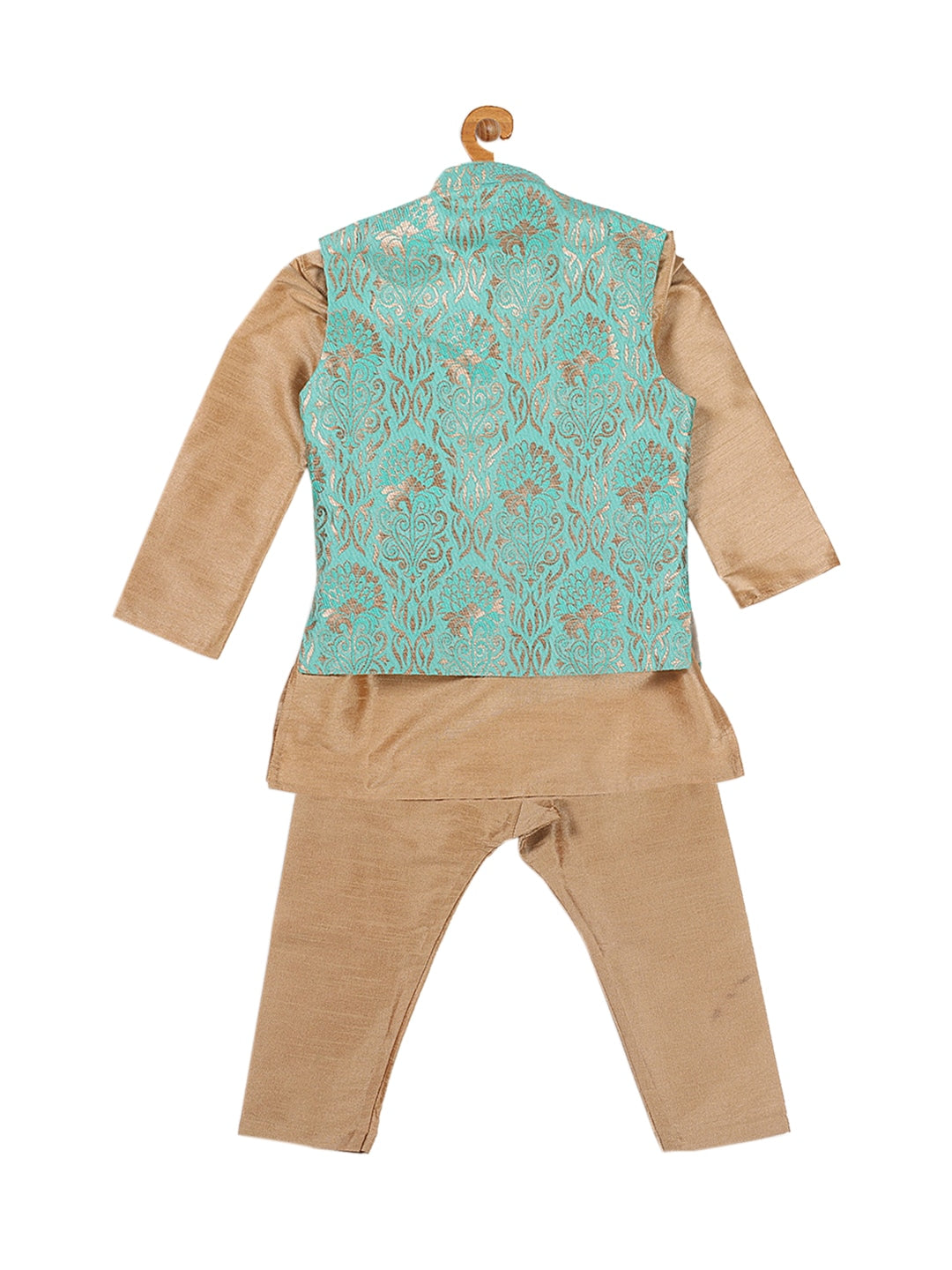 Vastramay SISHU Boy's Rose Gold & Green Kurta Set with Nehru Jacket