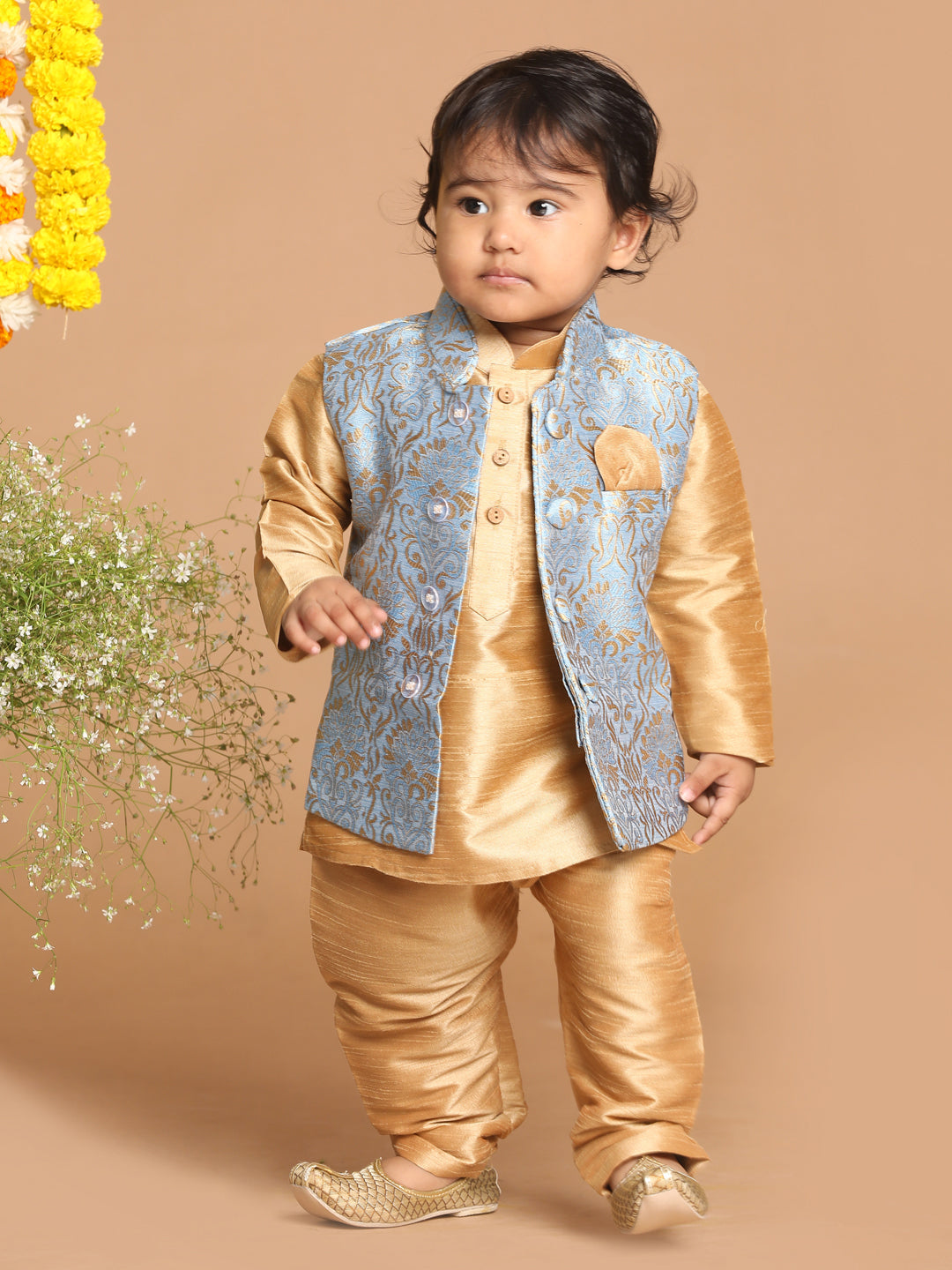 Vastramay SISHU Boy's Rose Gold Kurta Set With Grey Nehru Jacket Set