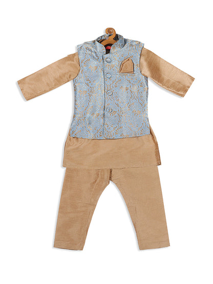 Vastramay SISHU Boy's Rose Gold Kurta Set With Grey Nehru Jacket Set