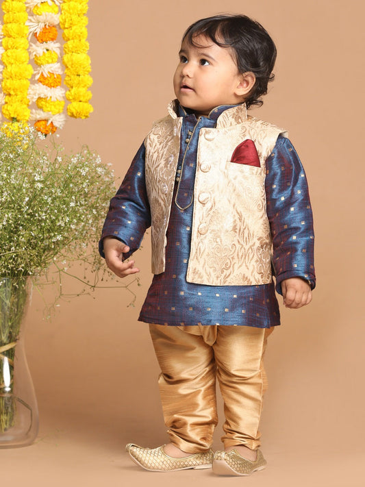 Vastramay SISHU Boy's Blue Printed Kurta with Rose Gold Pyjamas & Nehru Jacket