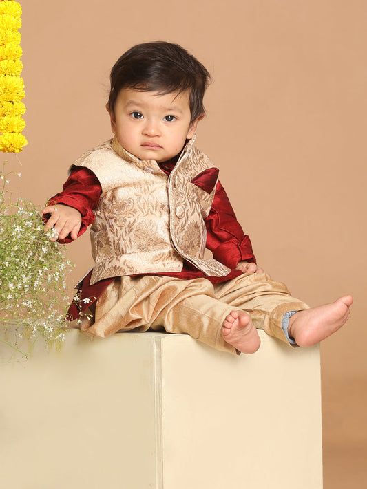 Vastramay SISHU Boy's Maroon Kurta With Rose Gold Dhoti Pant & Nehru Jacket Set