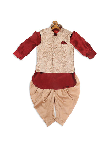 Vastramay SISHU Boy's Maroon Kurta With Rose Gold Dhoti Pant & Nehru Jacket Set