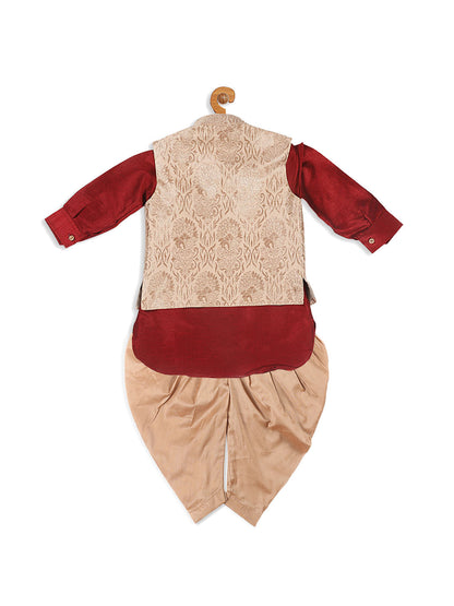 Vastramay SISHU Boy's Maroon Kurta With Rose Gold Dhoti Pant & Nehru Jacket Set