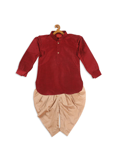 Vastramay SISHU Boy's Maroon Kurta With Rose Gold Dhoti Pant & Nehru Jacket Set