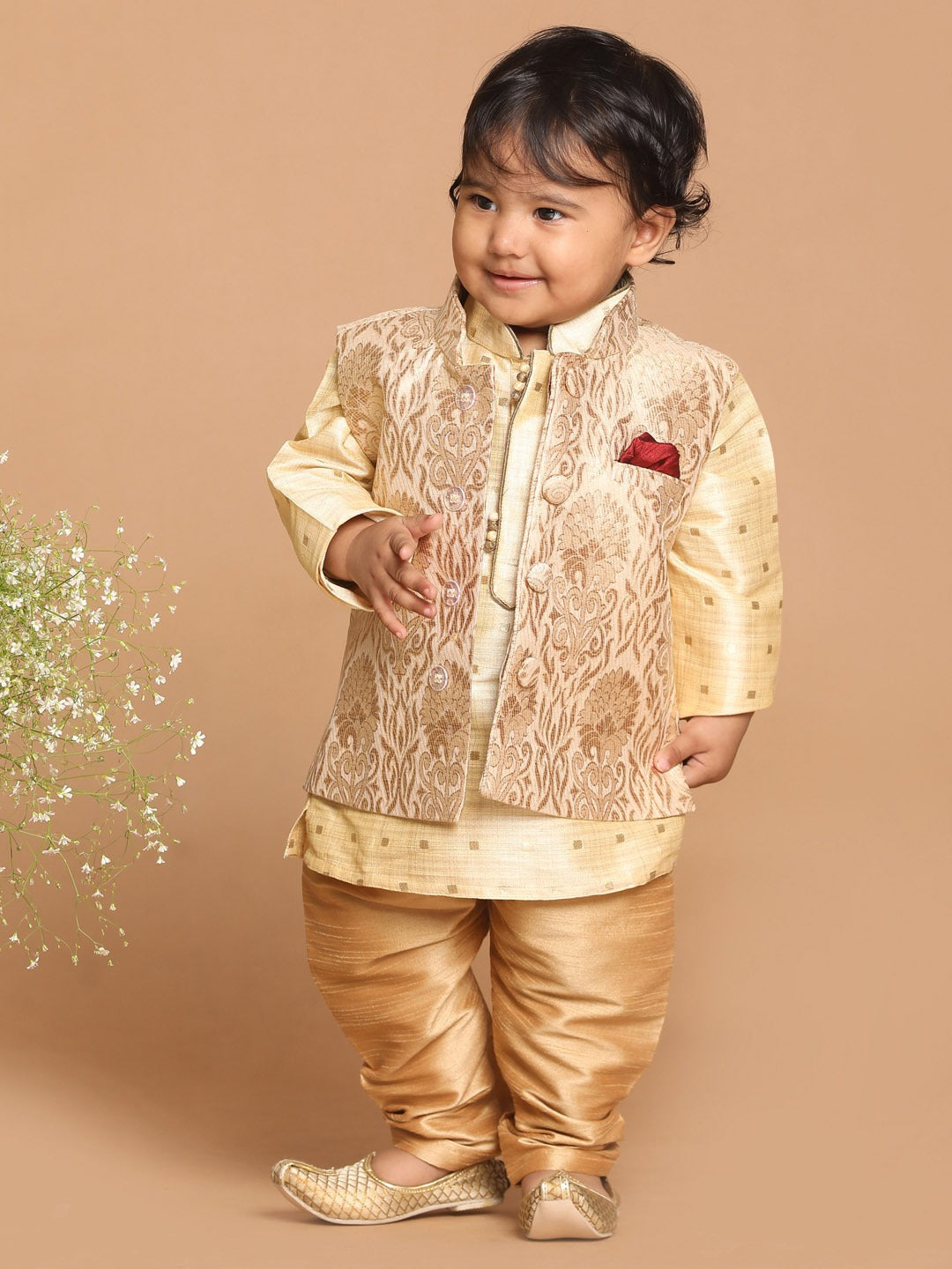 Vastramay SISHU Boy's Beige Ethnic Motifs Printed Kurta with Pyjamas