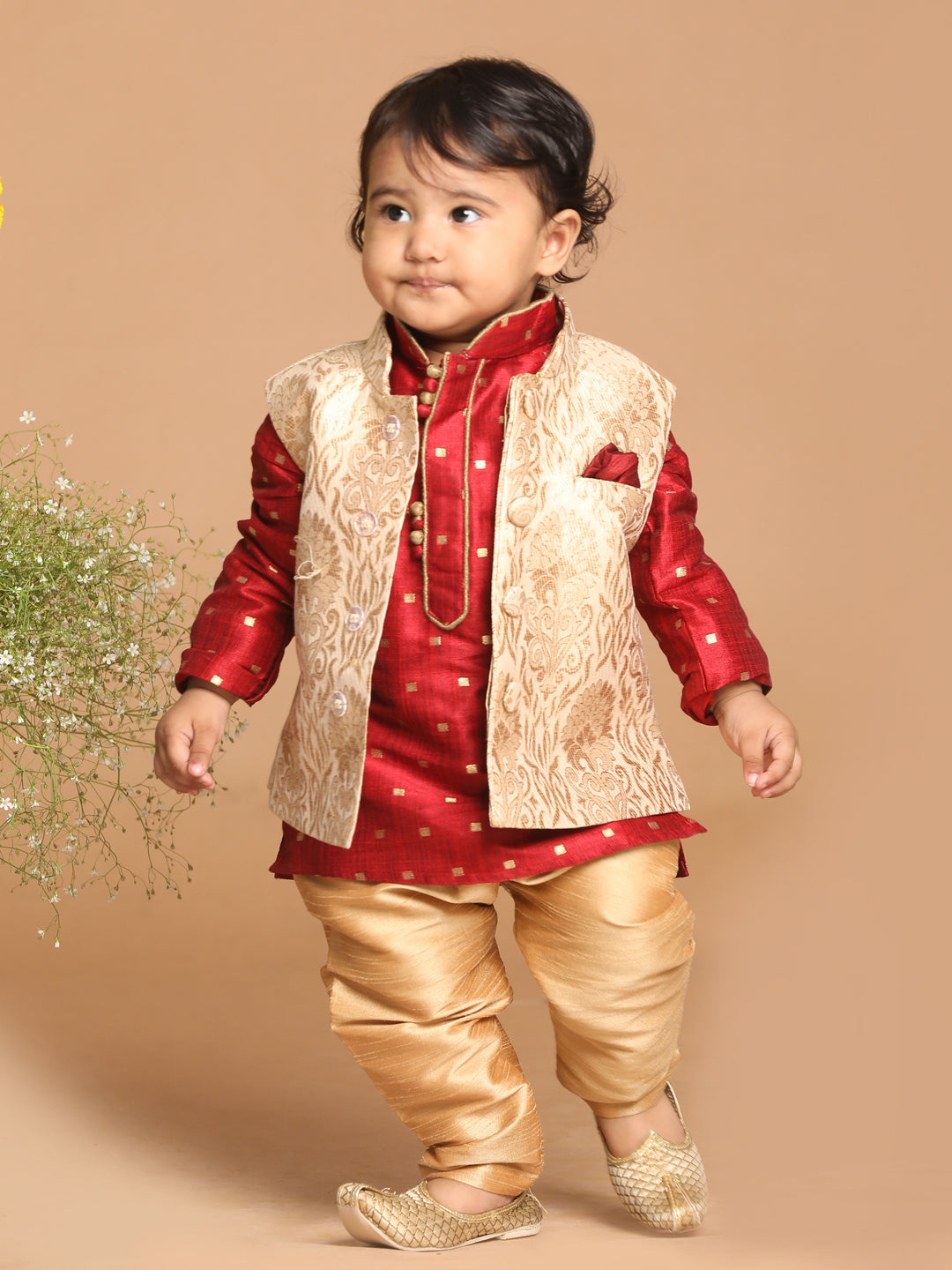 Vastramay SISHU Boy's Maroon Ethnic Motifs Woven Design Kurta with Rose Gold Pyjama And Jacket