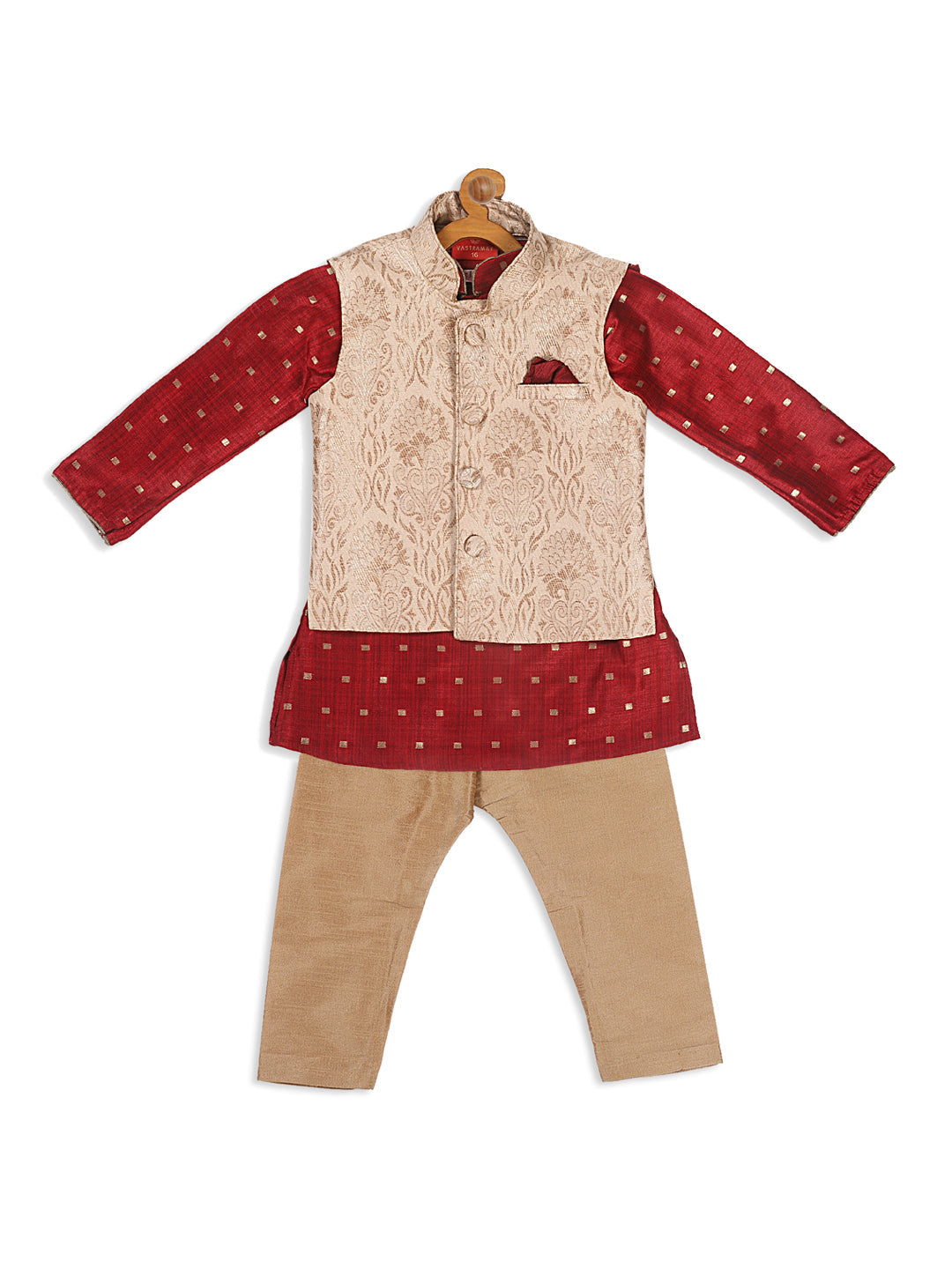 Vastramay SISHU Boy's Maroon Ethnic Motifs Woven Design Kurta with Rose Gold Pyjama And Jacket