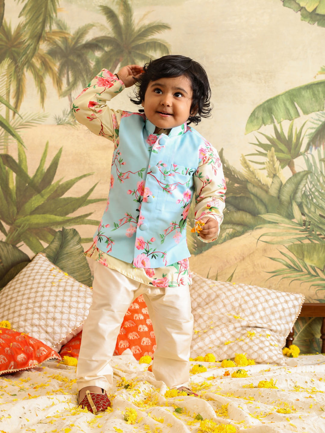 VASTRAMAY SISHU Boys' Jacket With Yellow Floral Printed Cotton Kurta Pyjama Set