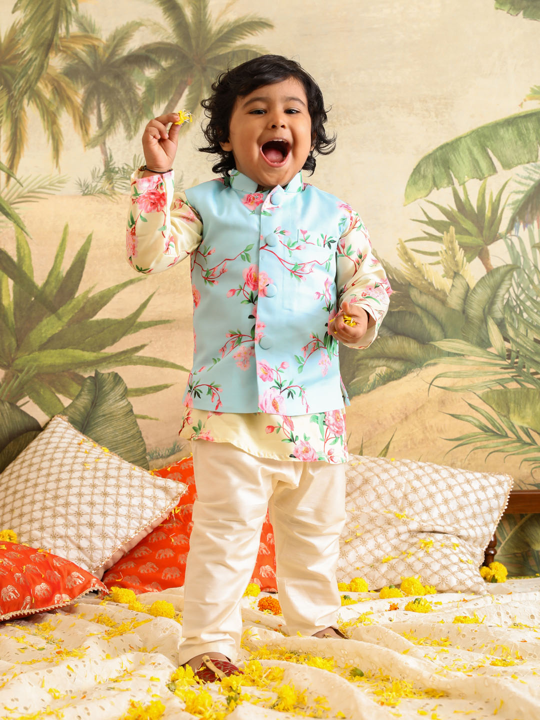 VASTRAMAY SISHU Boys' Jacket With Yellow Floral Printed Cotton Kurta Pyjama Set