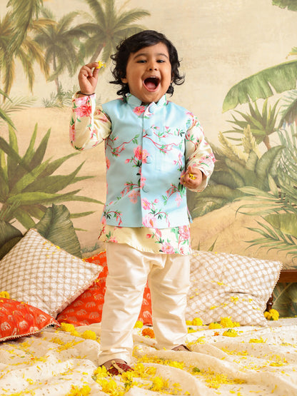 VASTRAMAY SISHU Boys' Jacket With Yellow Floral Printed Cotton Kurta Pyjama Set