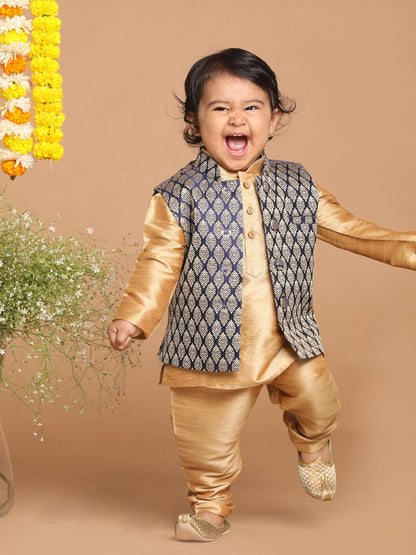 Vastramay SISHU Boy's Gold-Toned & Blue Kurta with Pyjama & Nehru Jacket