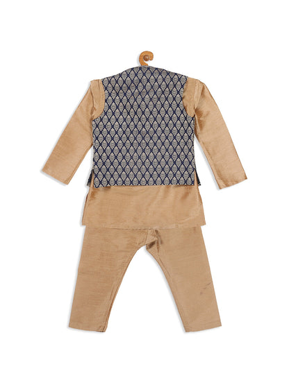 Vastramay SISHU Boy's Gold-Toned & Blue Kurta with Pyjama & Nehru Jacket