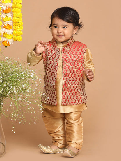 Vastramay SISHU Boy's Maroon Jacket And Rose Gold Ethnic Kurta With Pyjama Set