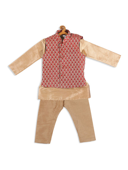 Vastramay SISHU Boy's Maroon Jacket And Rose Gold Ethnic Kurta With Pyjama Set