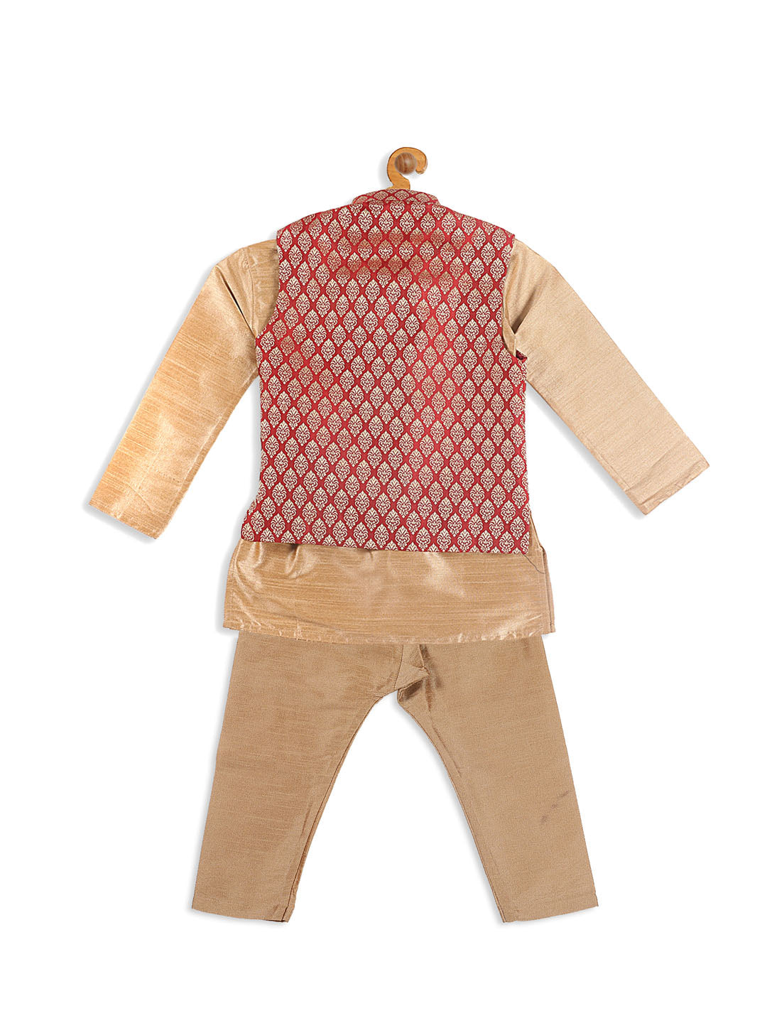 Vastramay SISHU Boy's Maroon Jacket And Rose Gold Ethnic Kurta With Pyjama Set