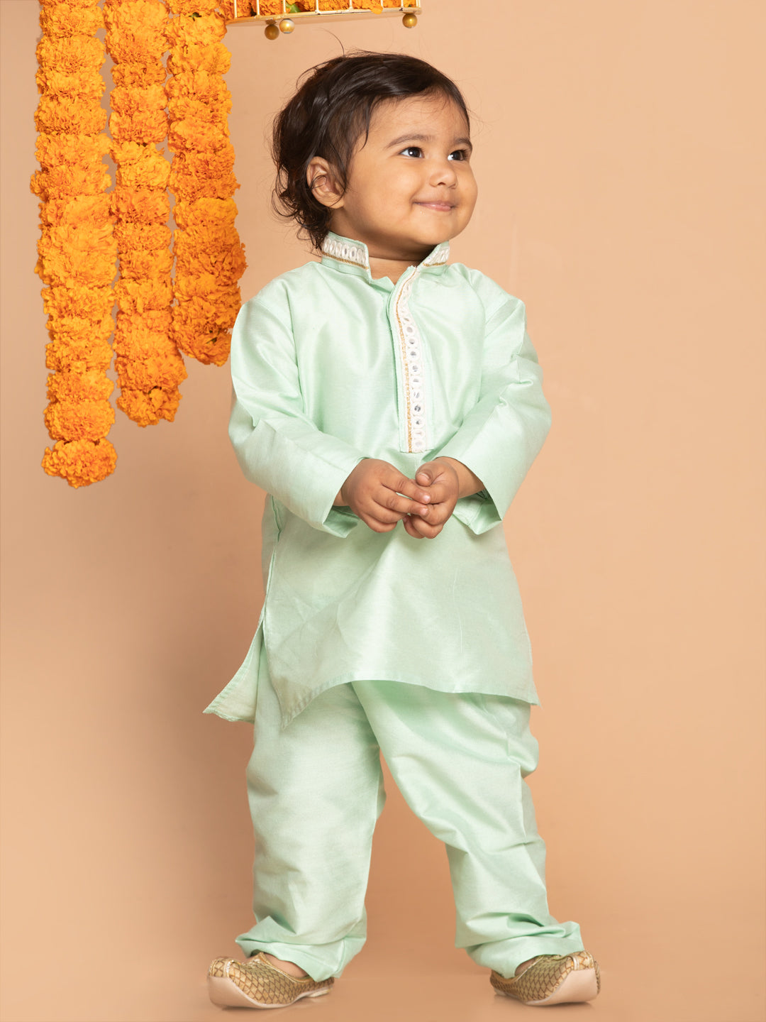 boys green viscose kurta and pyjama set