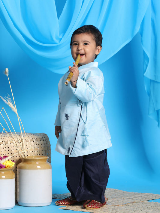 boys aqua blue embroidered angrakha style krishna kurta and navy blue dhoti set