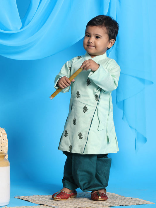 boys green embroidered angrakha style krishna kurta and green dhoti set