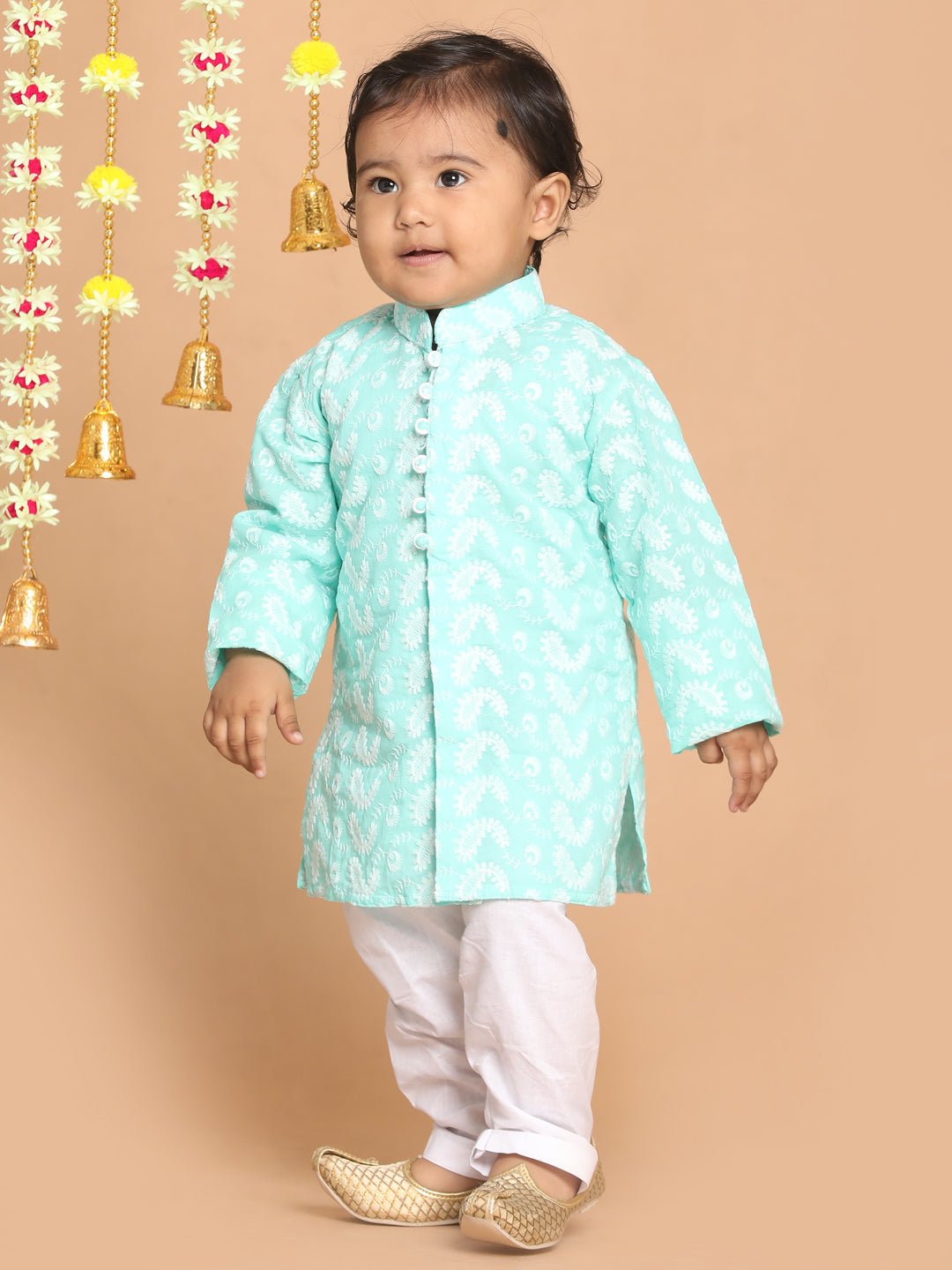 vastramay sishu boys green chikankari pure cotton kurta