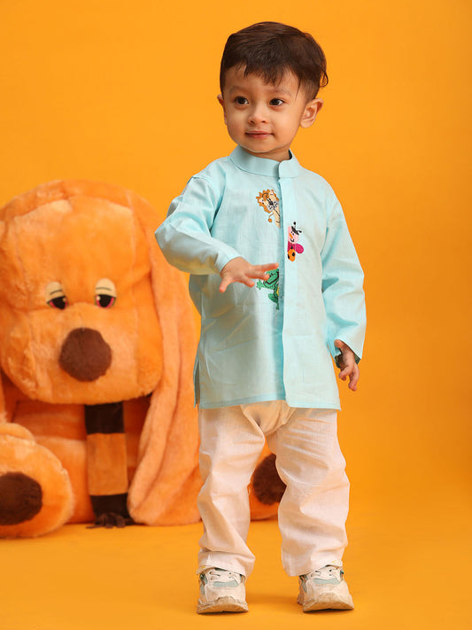 vastramay sishu boys aqua and white pure cotton kurta pyjama set