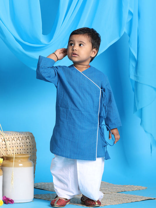 boys blue angrakha style krishna kurta and white dhoti set