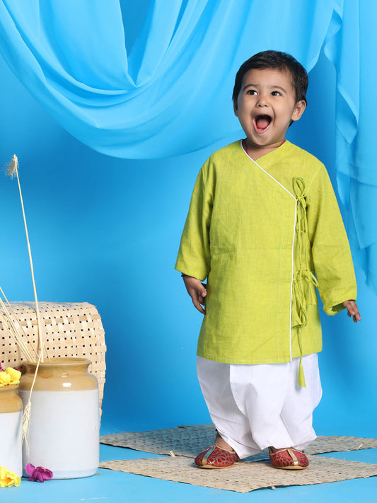 boys green angrakha style krishna kurta and white dhoti set