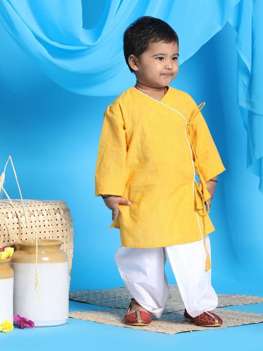 boys mustard color angrakha style krishna kurta and white dhoti set