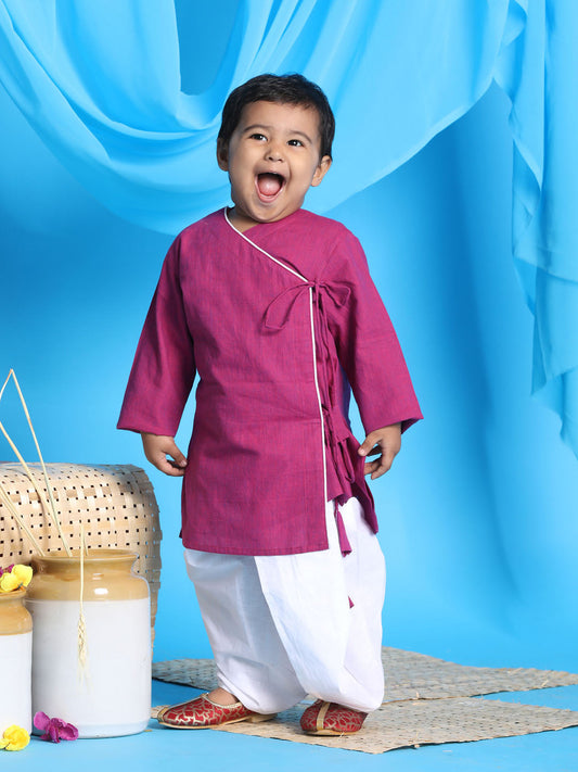 boys pink color angrakha style krishna kurta and white dhoti set