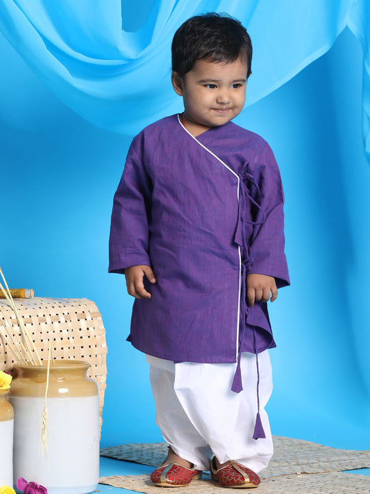 boys purple color angrakha style krishna kurta and white dhoti set