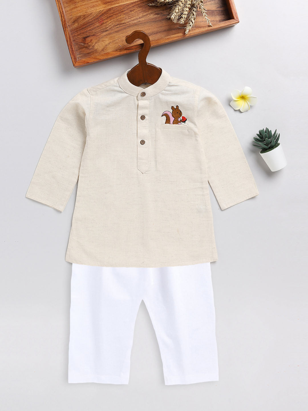 Vastramay sishu boys beige and white embroidered cotton kurta pyjama set