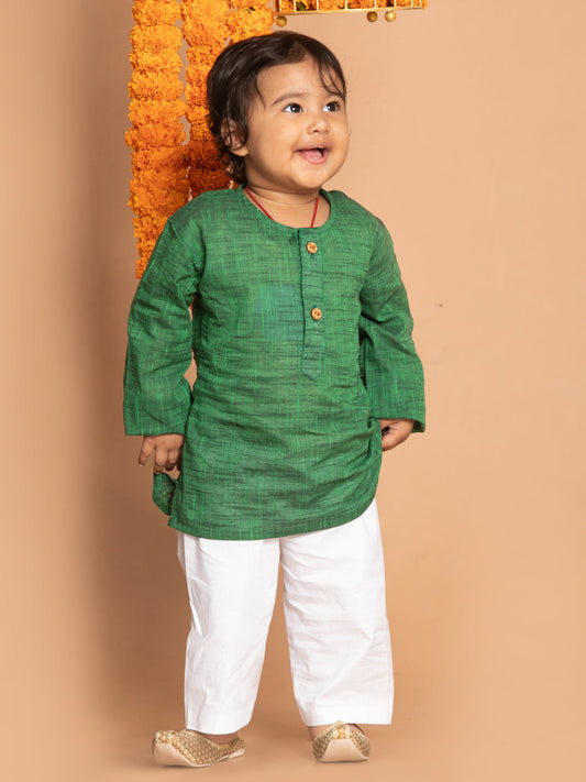 Vastramay sishu boys green cotton kurta and white pyjama set