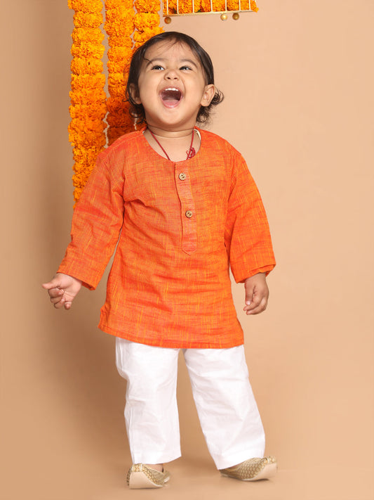 Vastramay sishu boys orange cotton kurta and white pyjama set