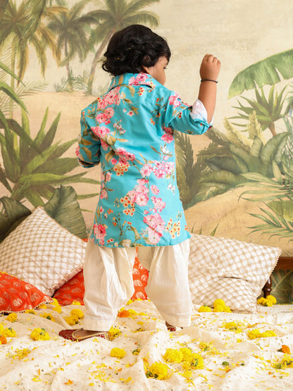 VASTRAMAY SISHU Boy's Aqua Floral Printed Kurta Patiala Set