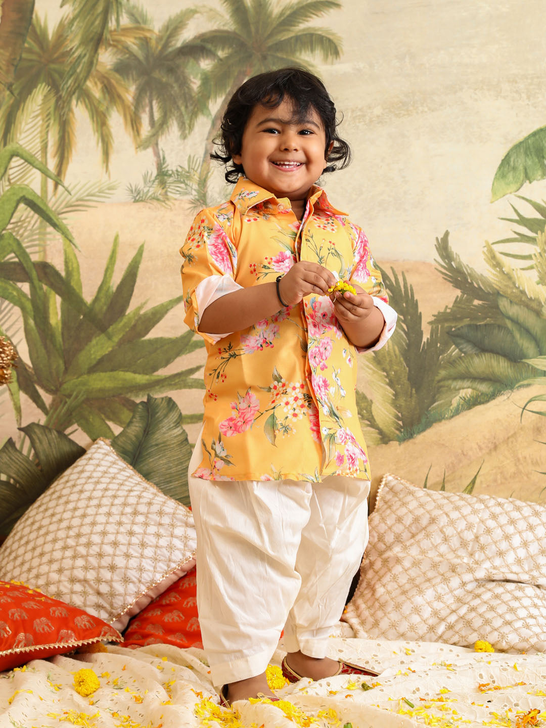 VASTRAMAY SISHU Boy's Yellow Floral Printed Kurta Patiala Set