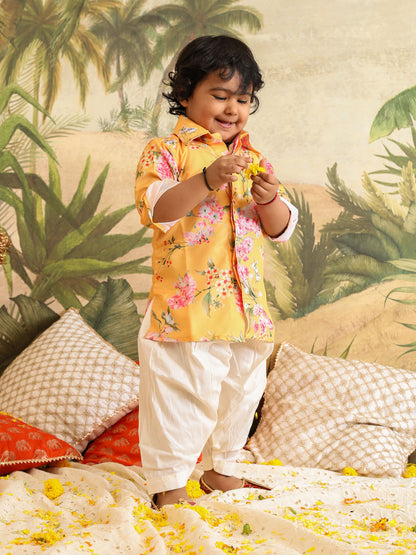 VASTRAMAY SISHU Boy's Yellow Floral Printed Kurta Patiala Set