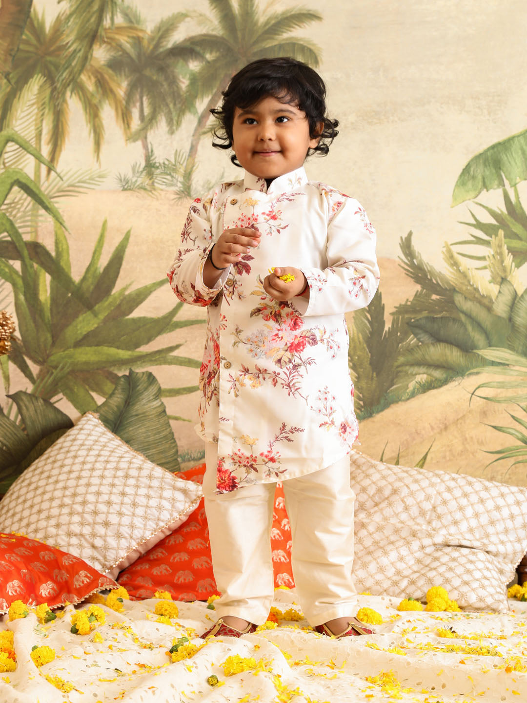 VASTRAMAY SISHU Boy's Cream Floral Printed Angrakha Kurta Pyjama Set