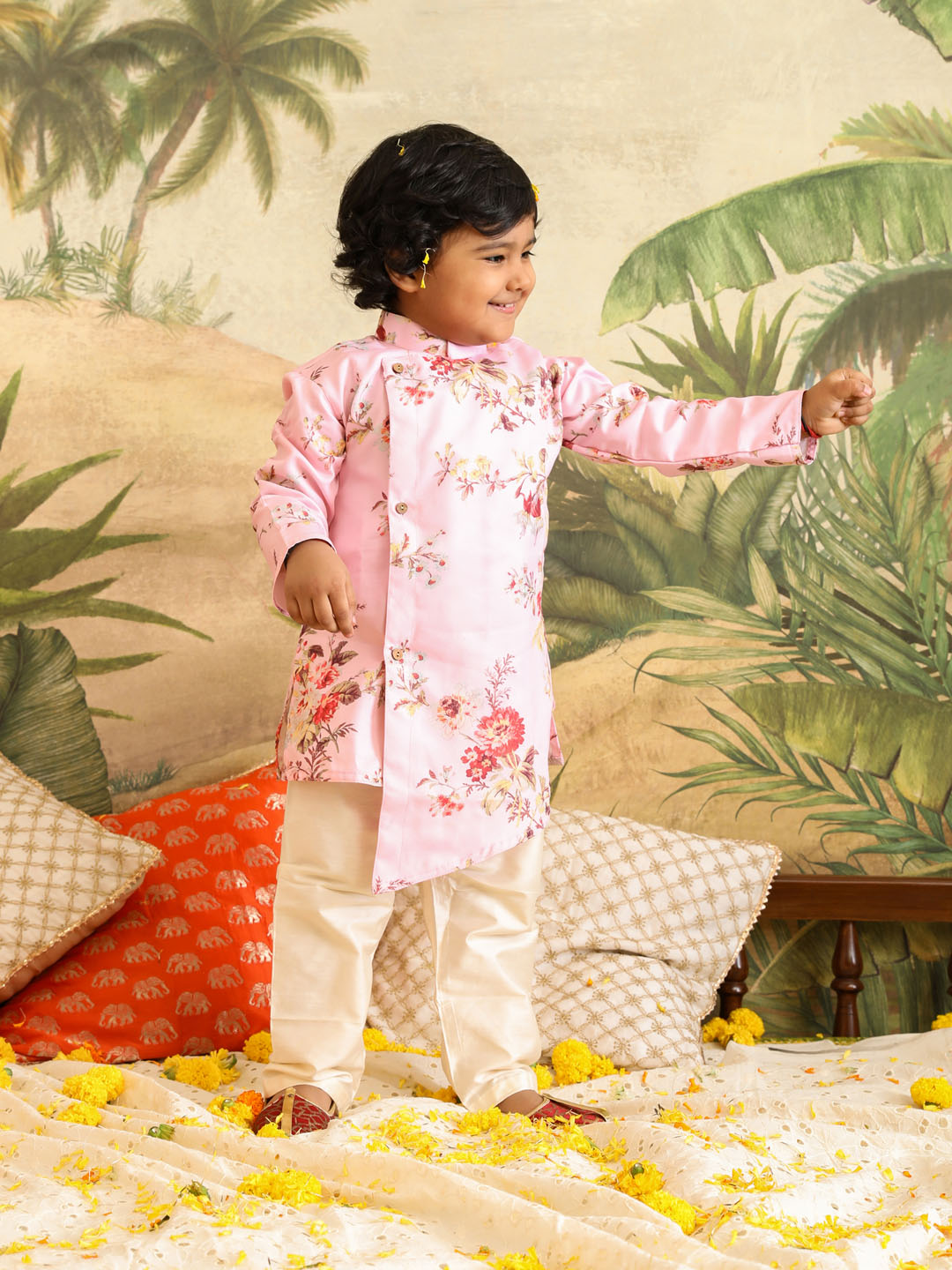 VASTRAMAY SISHU Boy's Pink Floral Printed Angrakha Kurta Pyjama Set