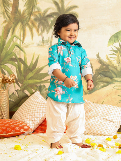 VASTRAMAY SISHU Boy's Turquoise Blue Floral Printed Kurta Patiala Set