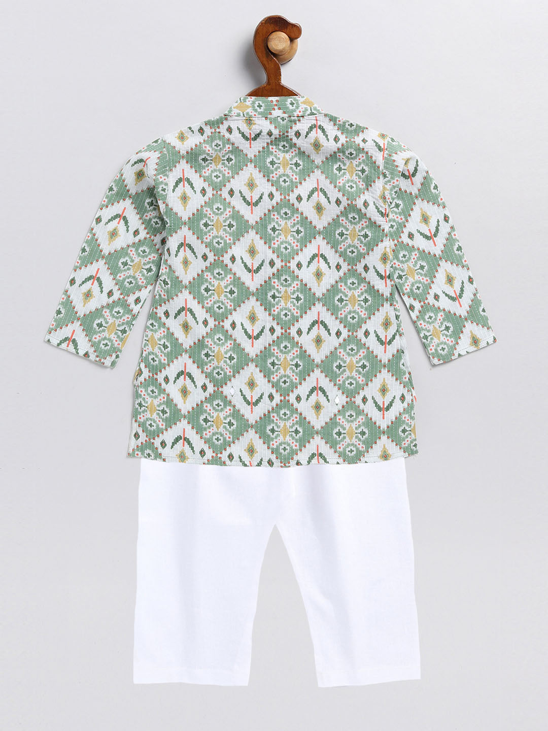 vastramay sishu boys green and white printed cotton kurta pyjama set