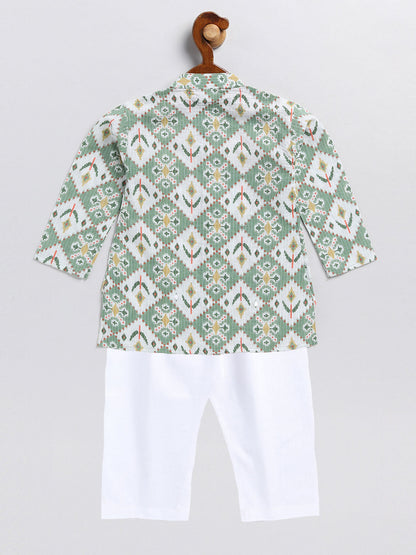 vastramay sishu boys green and white printed cotton kurta pyjama set